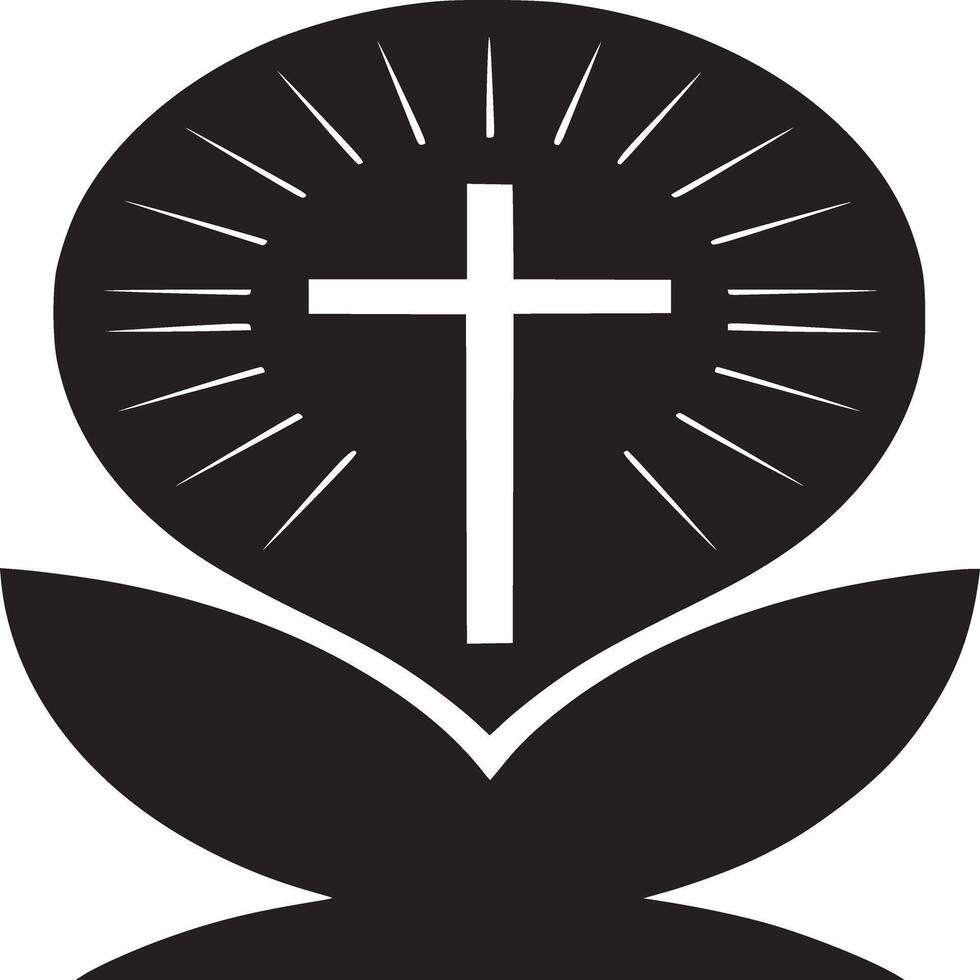 Black and white graphic of a cross inside a circle with rays above leaves on a white background vector