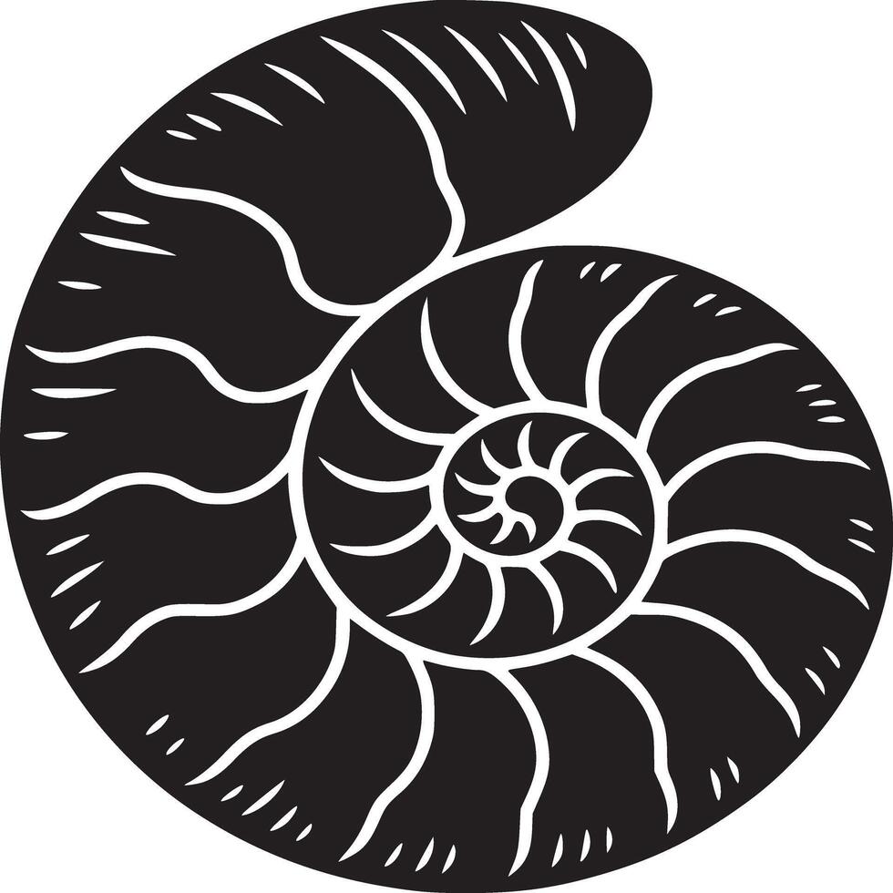 Isolated black and white illustration of a nautilus shell with intricate spiral pattern on white background vector