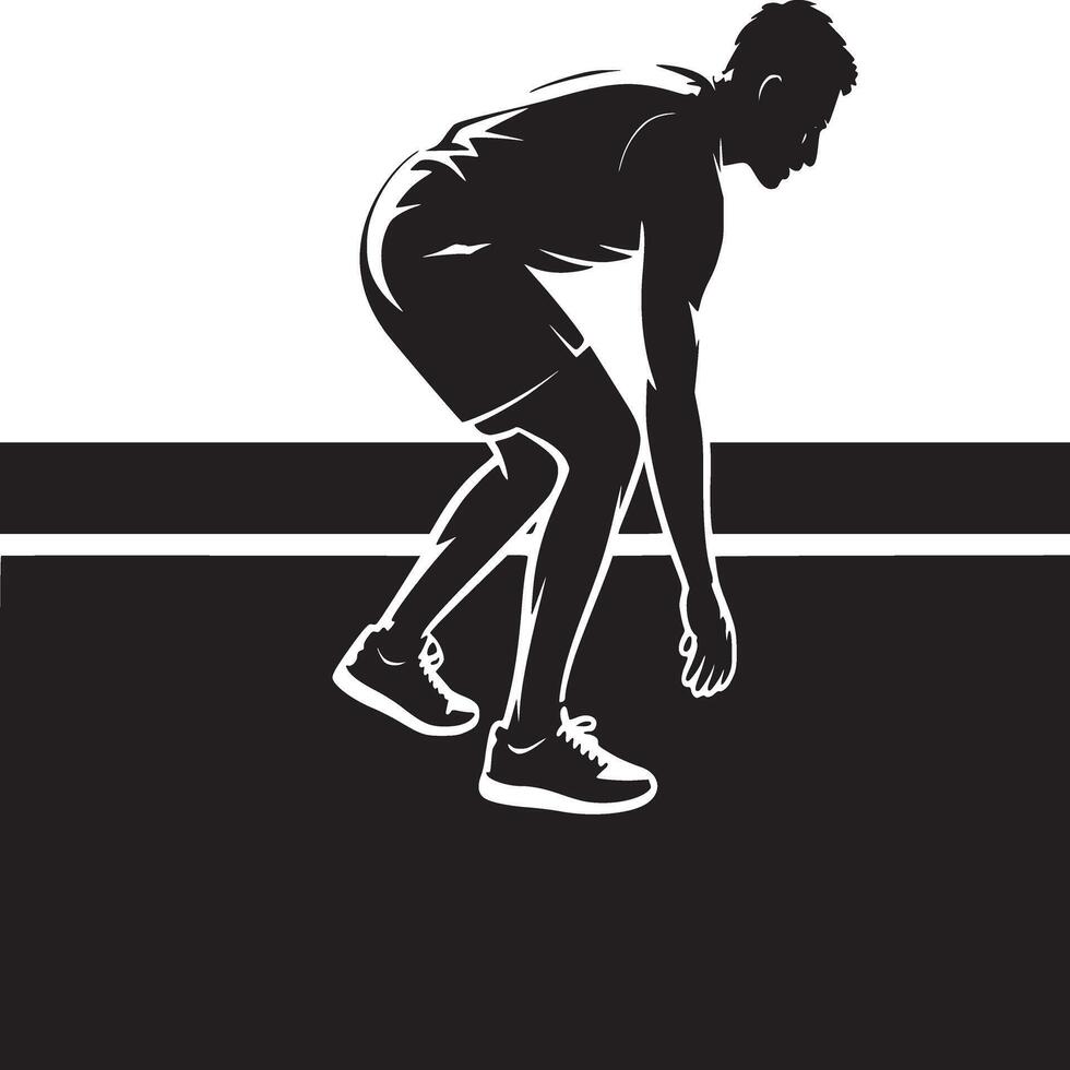 Silhouette of a runner in starting position on a black and white track ready to sprint forward fast vector