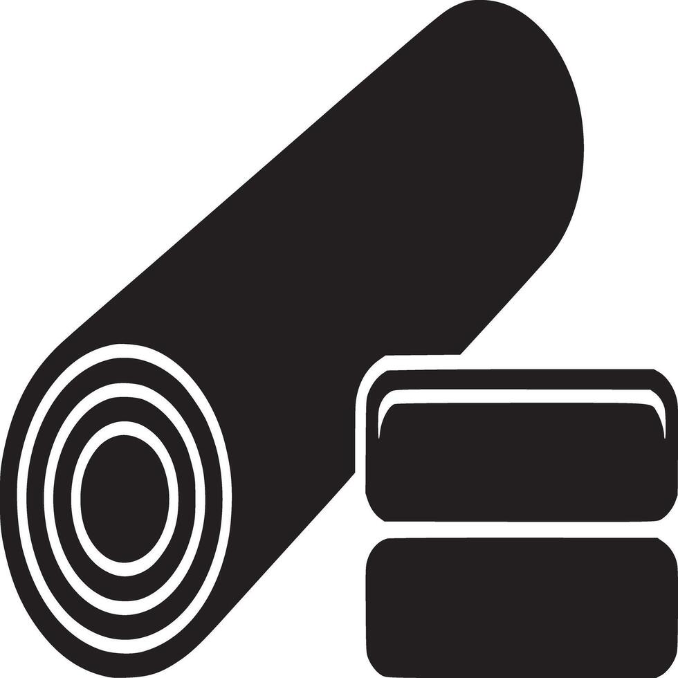 A black and white illustration of a rolled mat and two blocks on a plain white background design style vector
