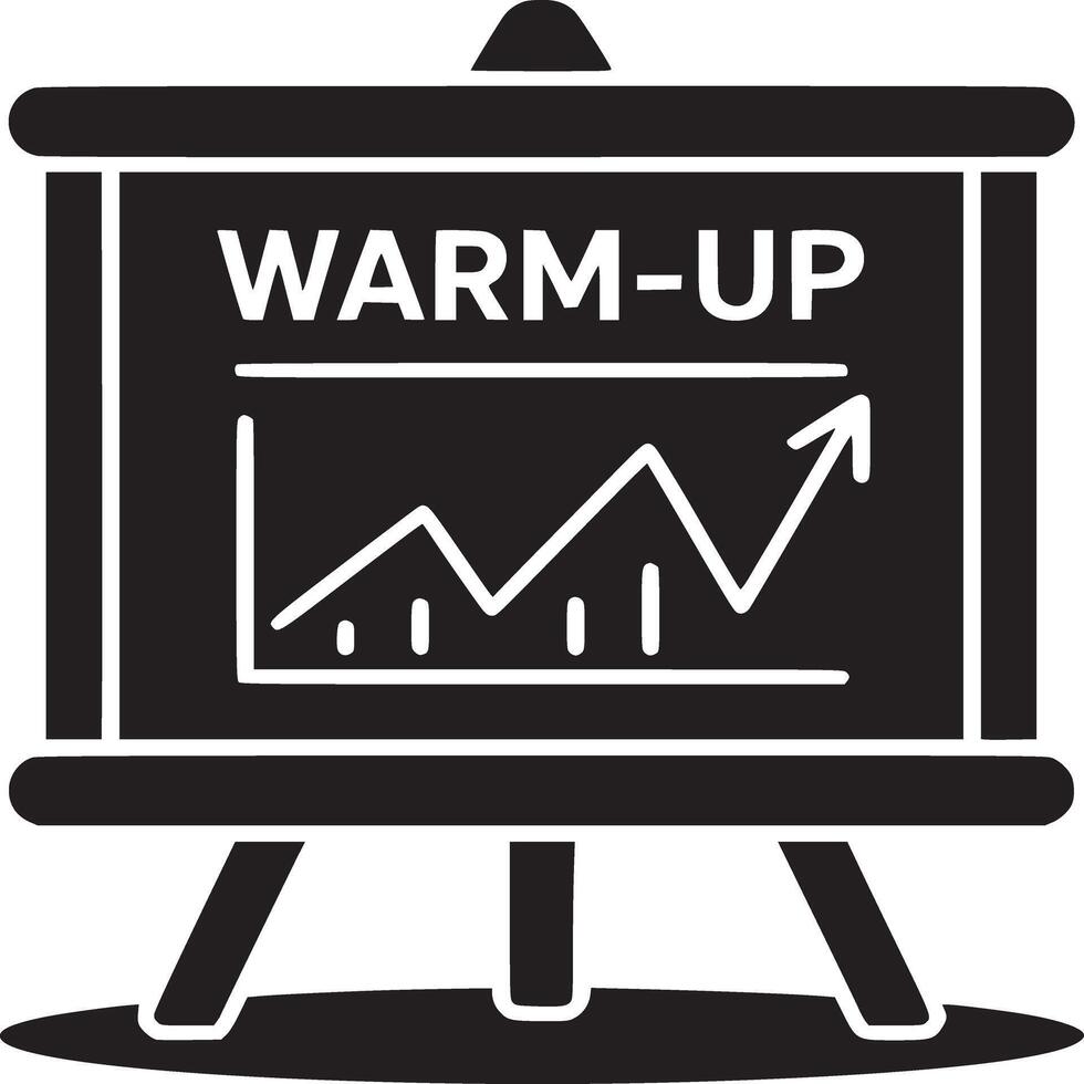 A black and white image of a presentation board showing a warm up graph with an upward trend vector