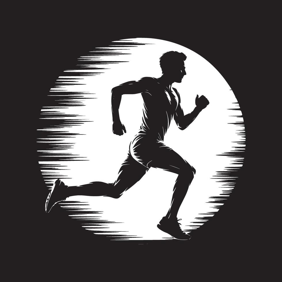 Silhouette of a man running against a white circle with speed lines on a black background art vector