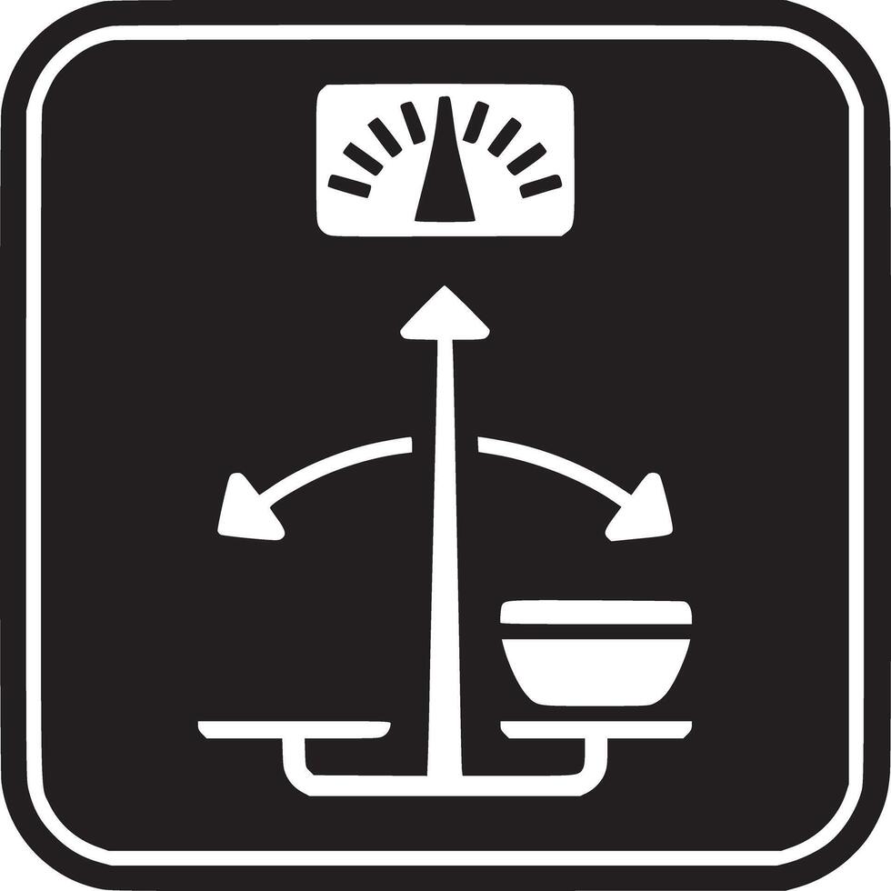 Black and white square sign depicting a balance scale with an arrow and a small bowl like container vector