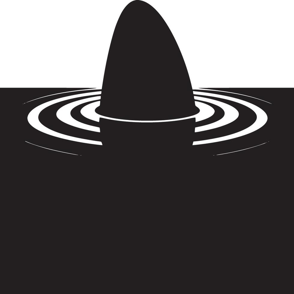 A stark black and white image showcasing a dark object emerging from rippling water surface in graphic style vector