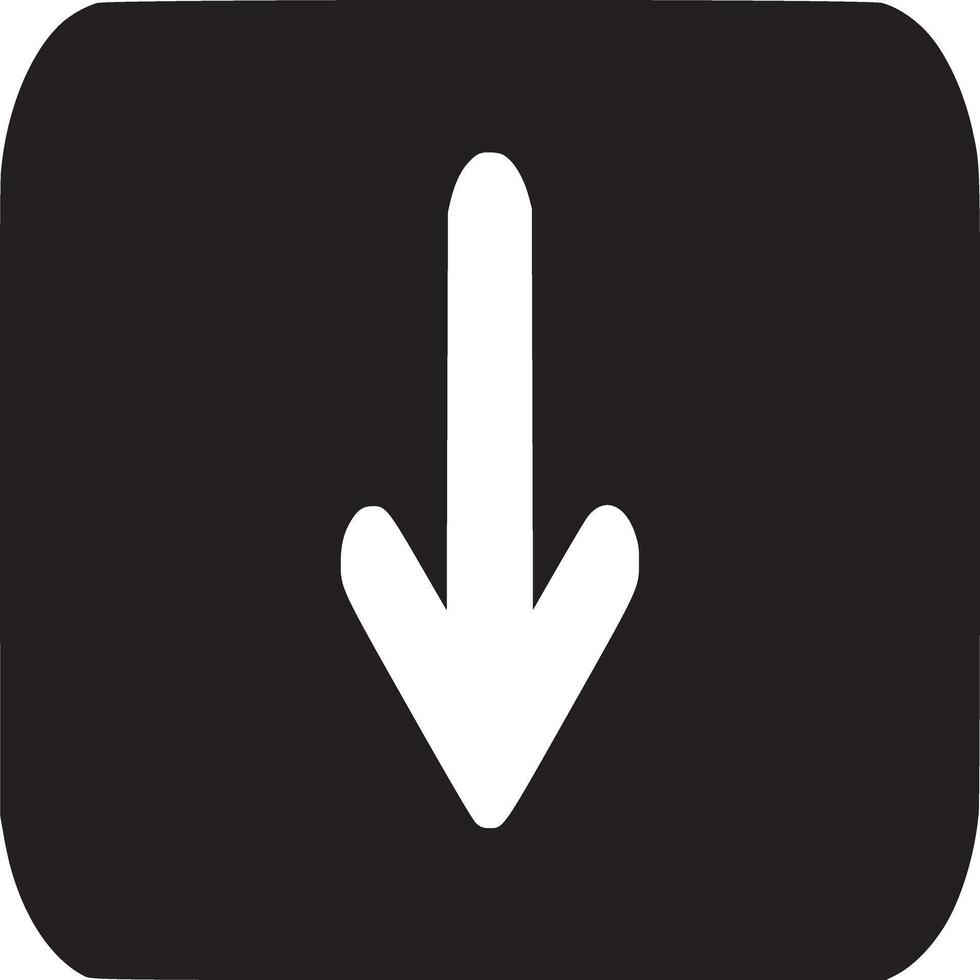 A white downward arrow inside a black rounded rectangle on a white background simple graphic design vector
