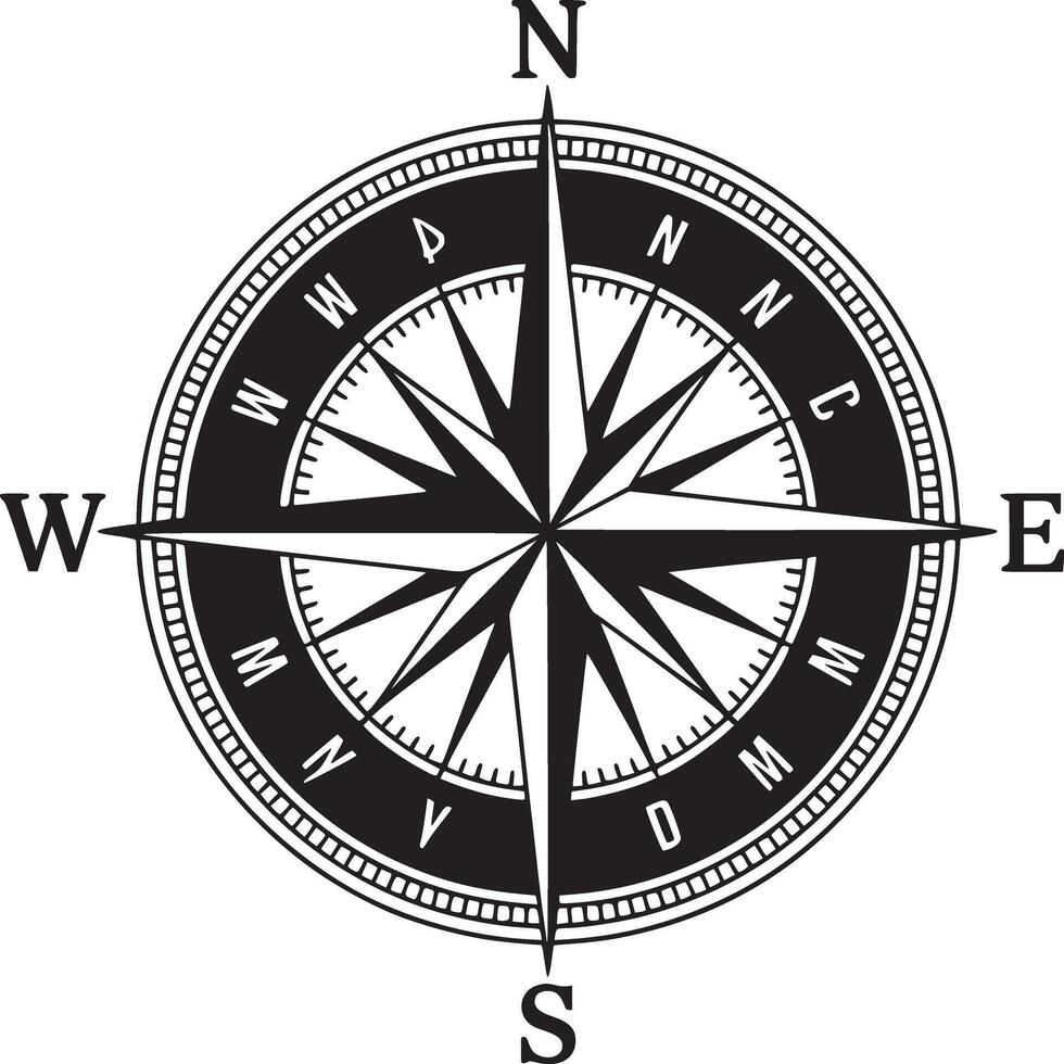 A black and white compass rose with cardinal directions on a white background in a simple design vector