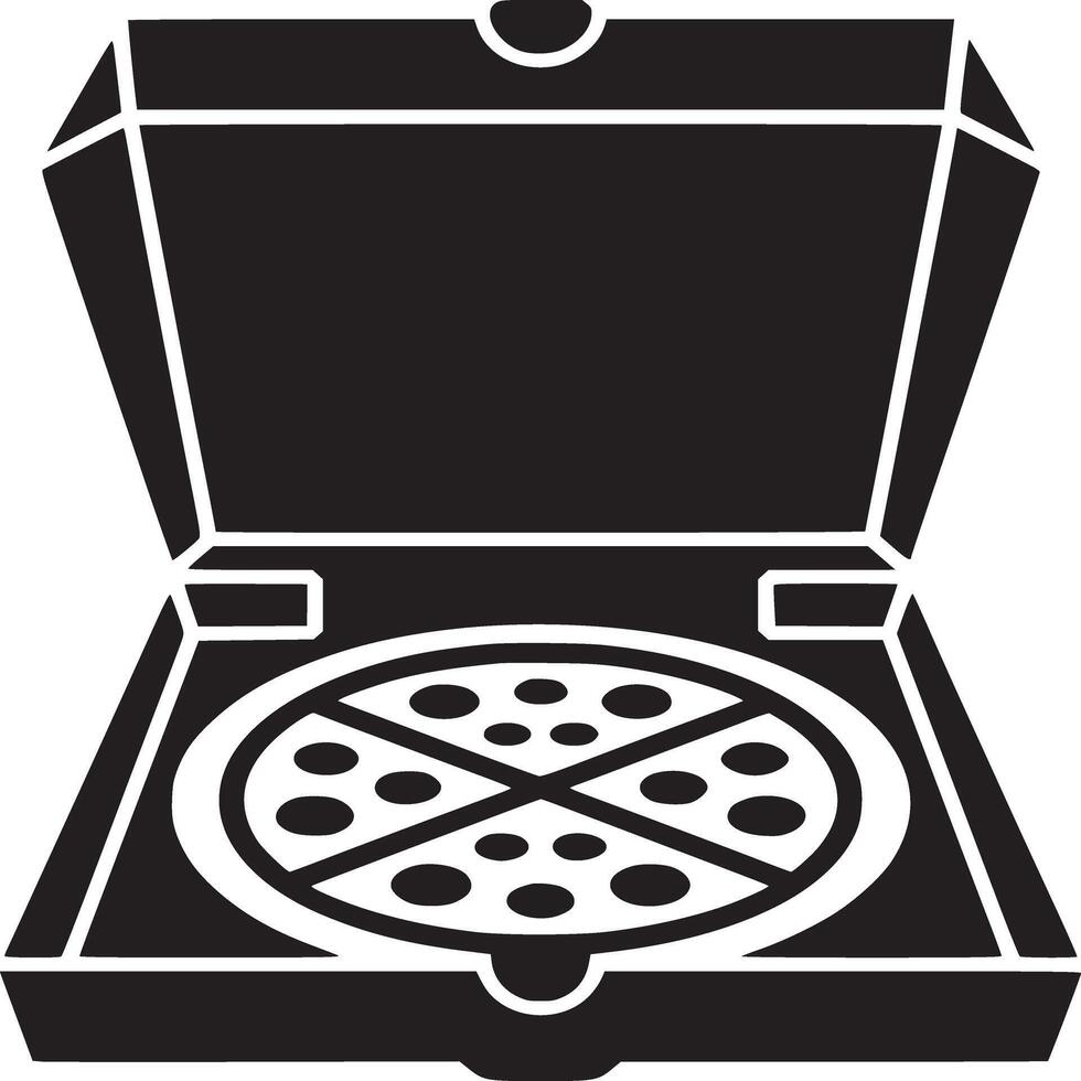 A graphic illustration of an open pizza box with a pizza inside on a white background in black and white vector