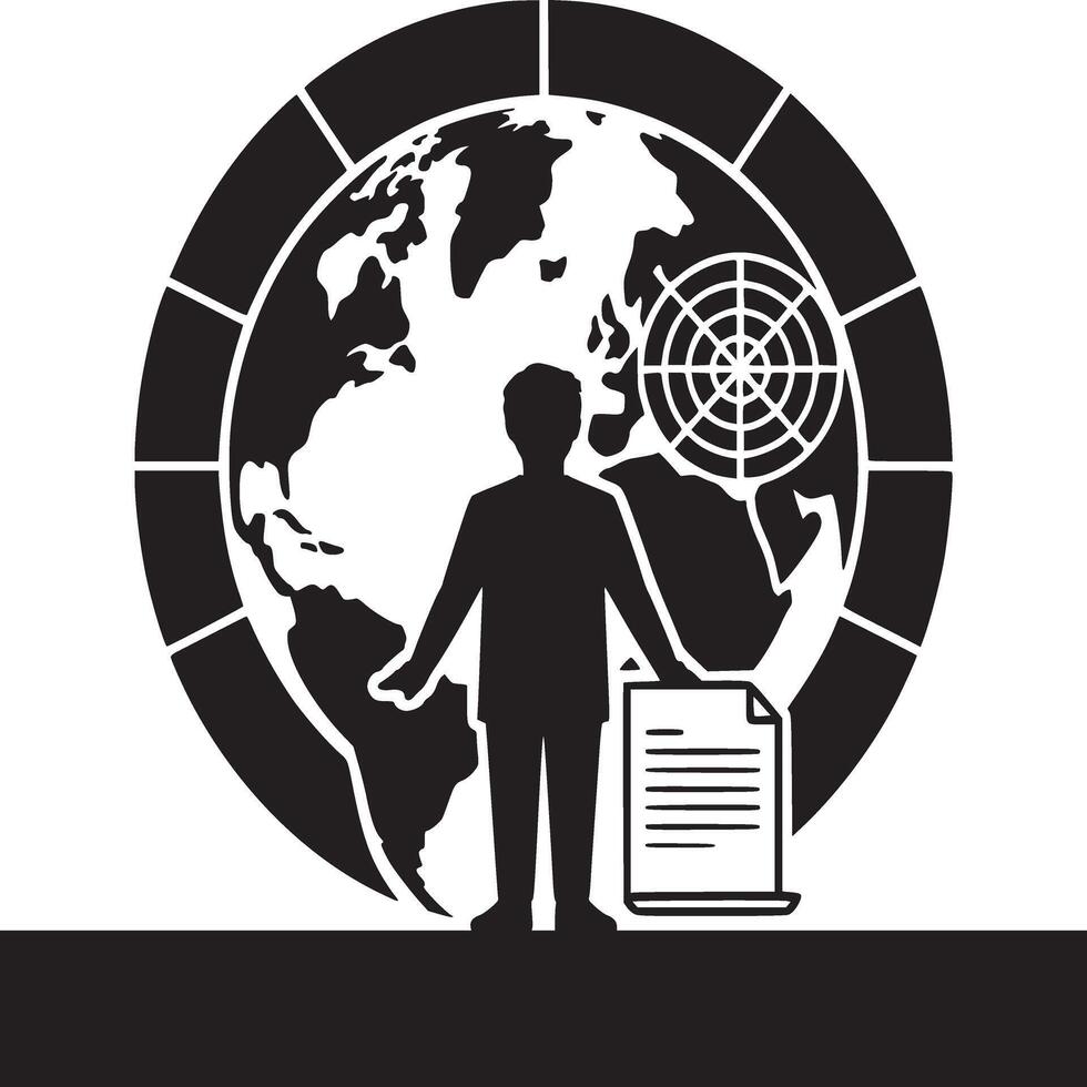Silhouette of a person with a document in front of a globe with a target in the background vector
