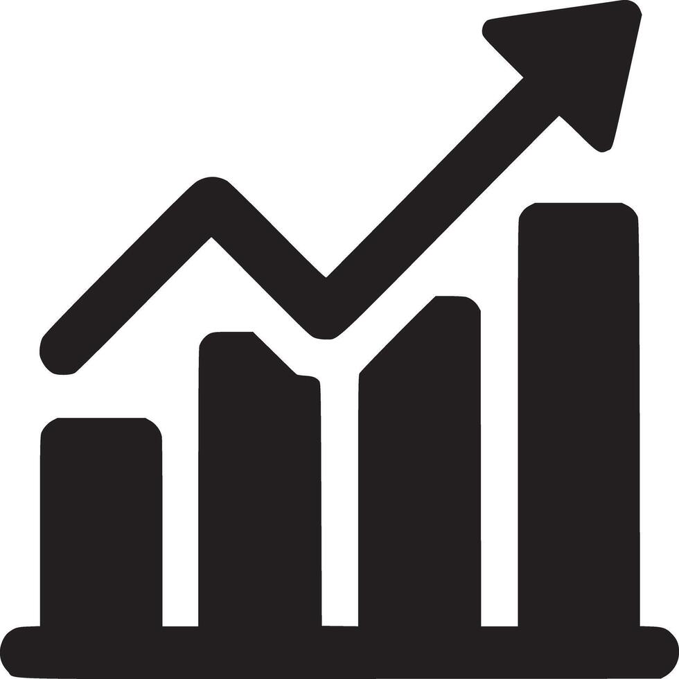 A simple black and white icon of a bar graph with an arrow pointing upwards indicating growth trend vector