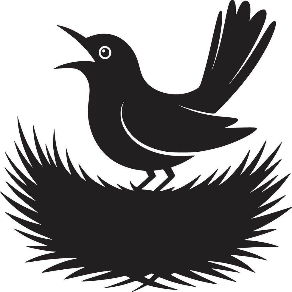 A black bird perched in a nest with its beak open against a white background simple illustration vector