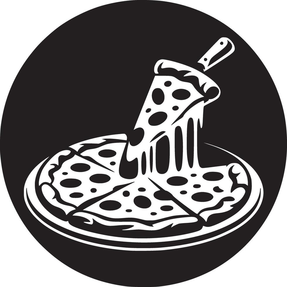 A black circle containing a white pizza with a slice being removed and cheese dripping down from it vector