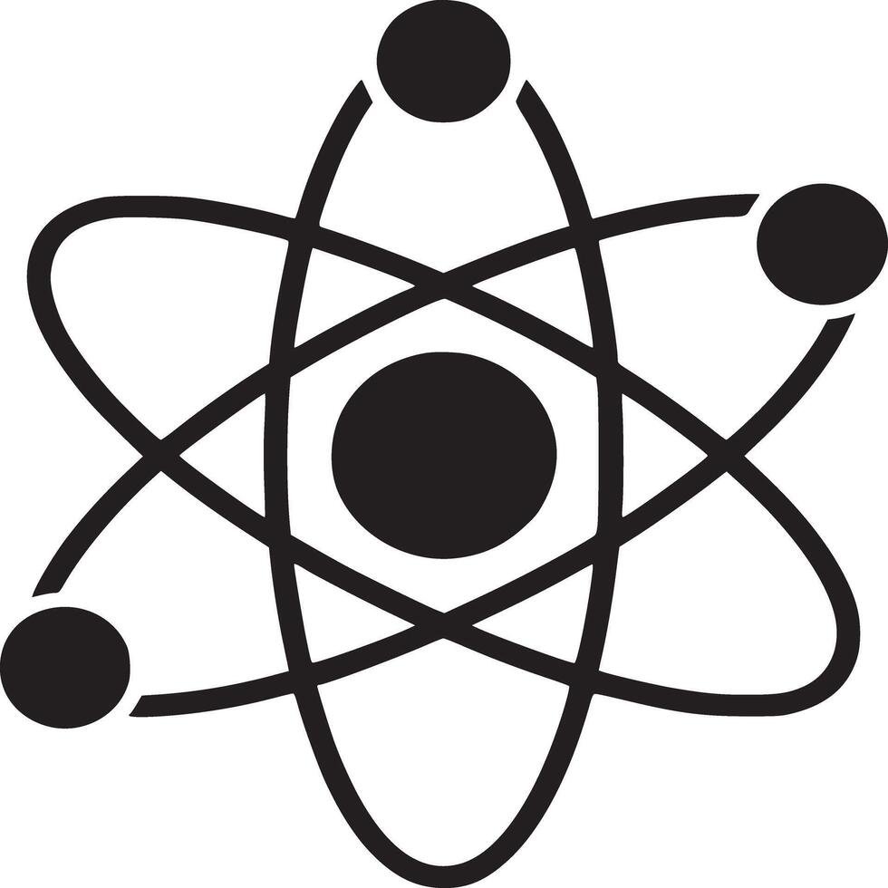 A black and white illustration of an atom with electrons orbiting the nucleus in a simple design vector