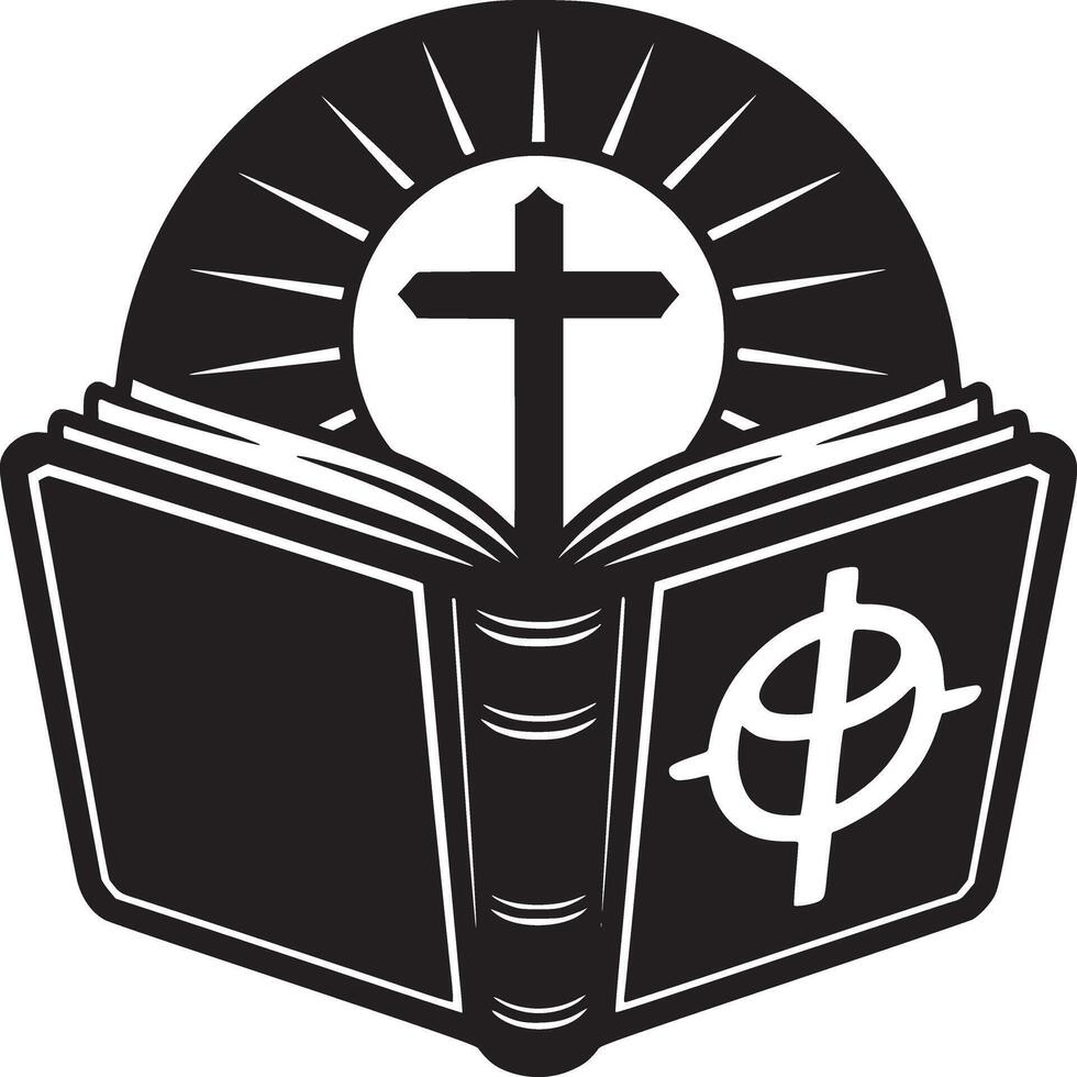 Open book with cross and sun rays in black and white for religious or educational concepts design vector