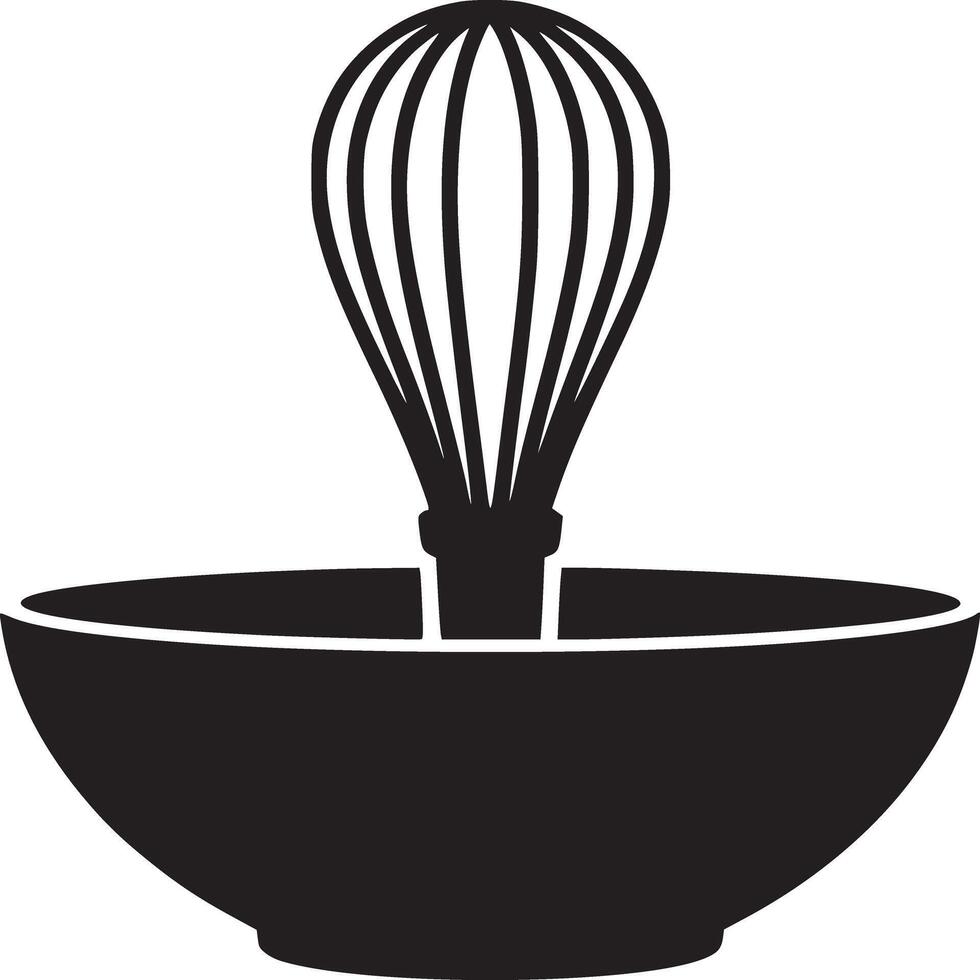 A black and white illustration of a whisk in a bowl on a white background in a simple style vector