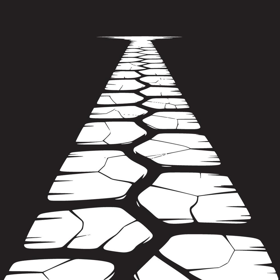 A perspective view of a white stone path leading into the distance on a black background space vector