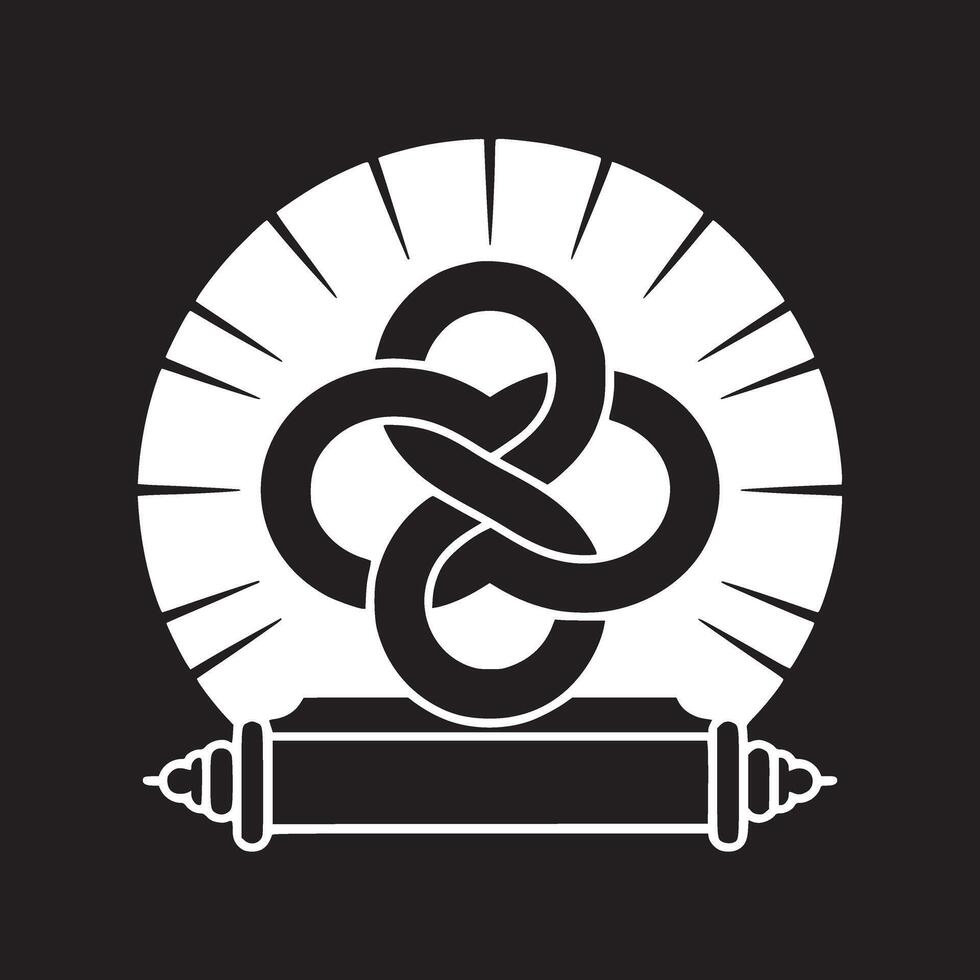 A graphic design of a white kamon symbol with a knot design on a black background with a scroll at bottom vector