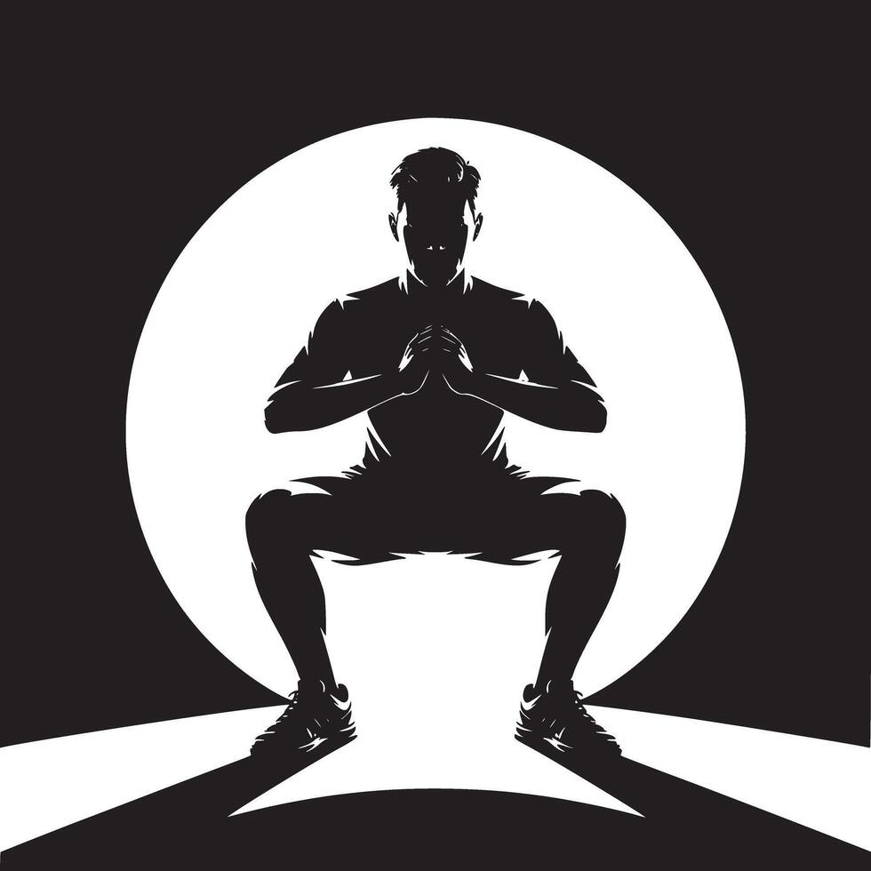 Silhouette of a man doing squats with hands clasped in front of a bright white circle background vector