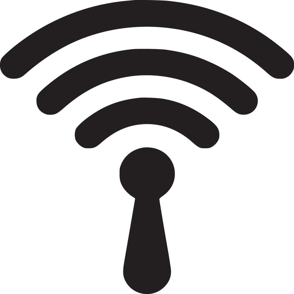 A black and white graphic of a wifi signal with three curved lines emanating from a central point vector