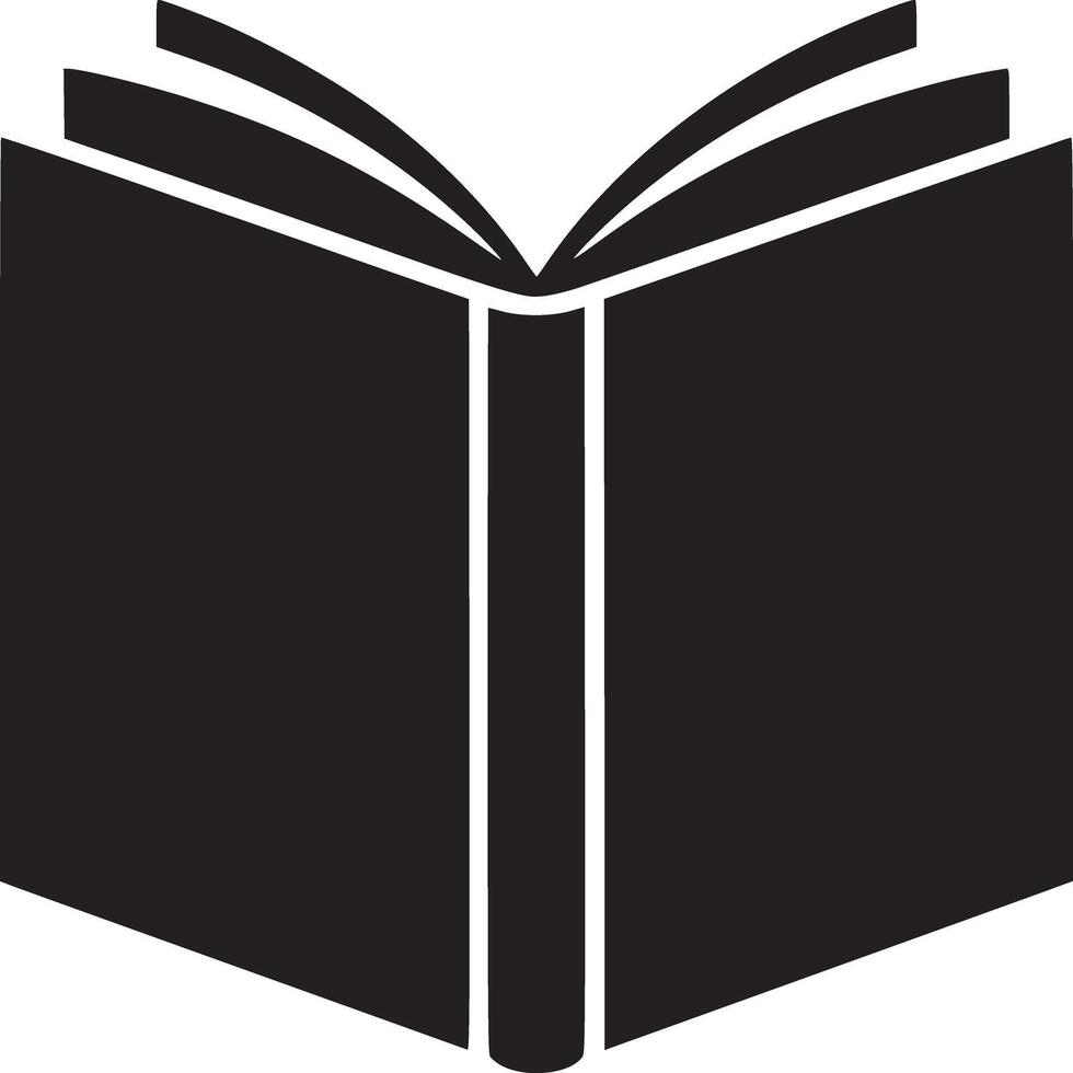 An open book with a black cover and white pages displayed on a white background in a simple illustration vector