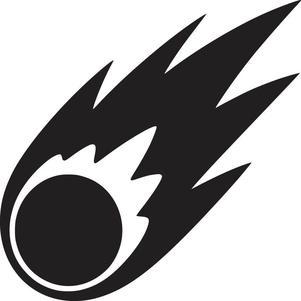 A stylized black and white illustration of a comet with a spherical head and jagged tail design vector