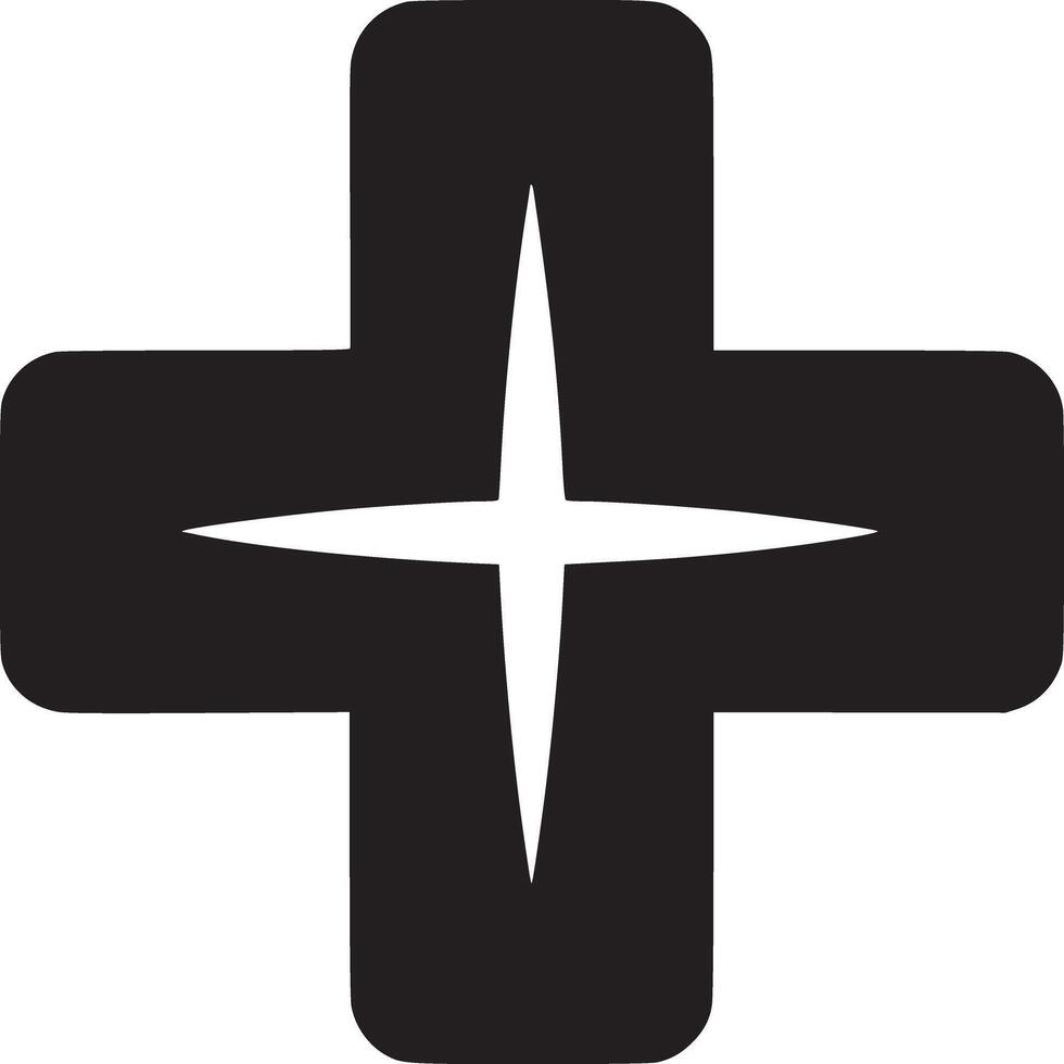 A black plus sign with a starburst in the center on a white background in a simple minimalist style vector