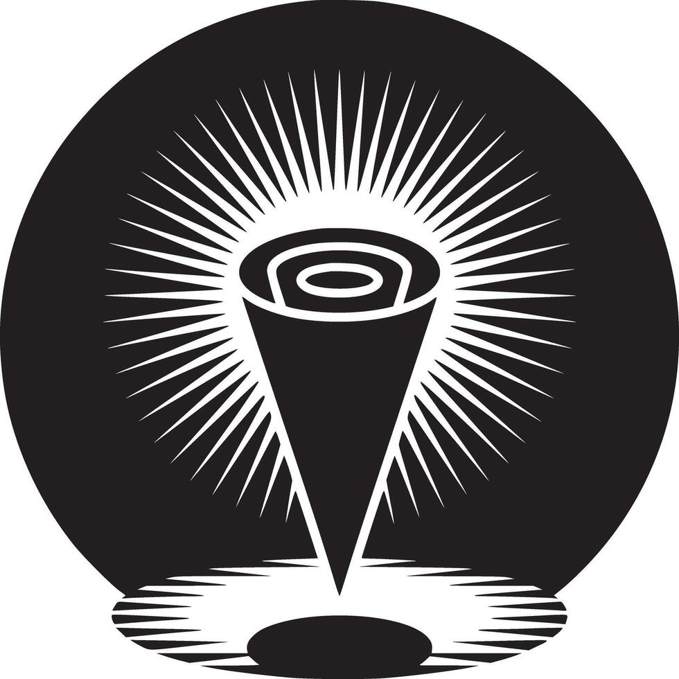 Monochrome illustration of a cone shape with concentric circles inside a radiating black circle vector