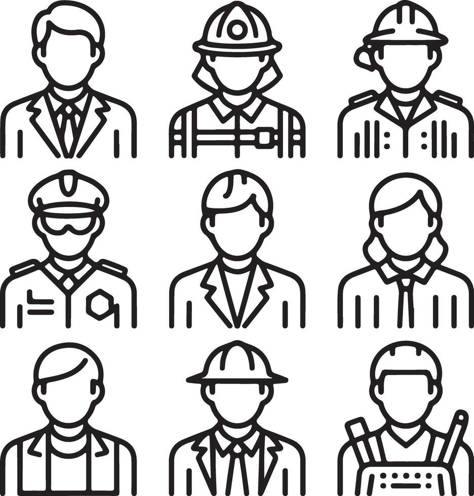 Diverse Professional Occupations Nine Line Art Icons of Workers in Various Fields, Clean and Simple Design vector