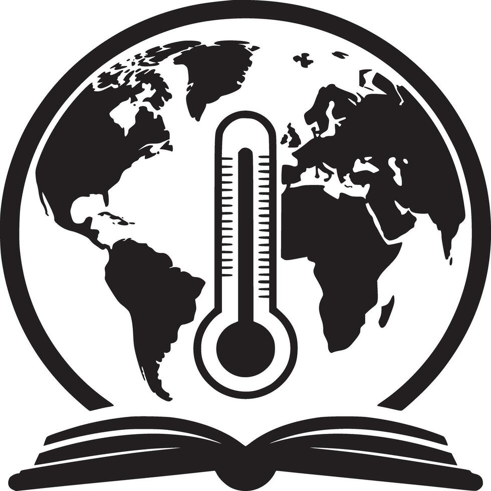 Black and white graphic of a globe with a thermometer over an open book in a circular border vector