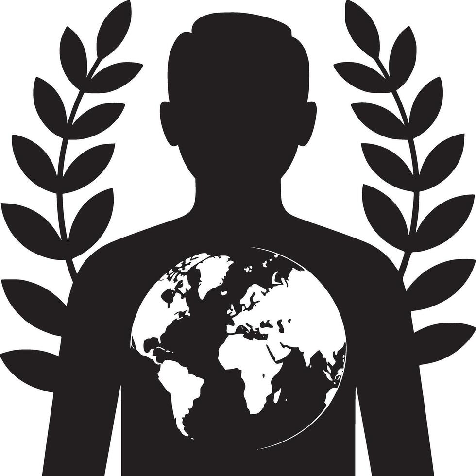 Silhouette of a person with a world globe inside and laurel branches on a white background vector