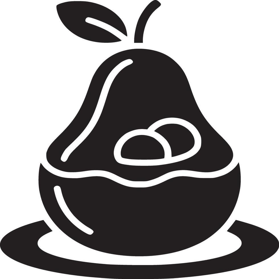 A black silhouette of a pear with a leaf and two circles inside sitting on a small plate design vector