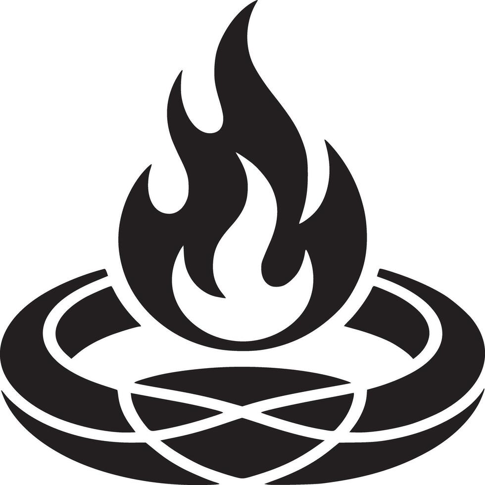 A stylized black and white illustration of a flame atop a circular geometric structure design element vector