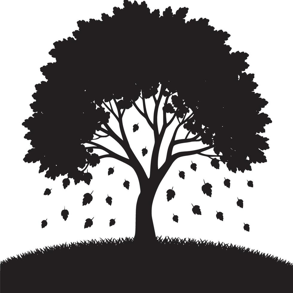 Silhouette of a tree with falling leaves against a white background in a minimalist style design vector
