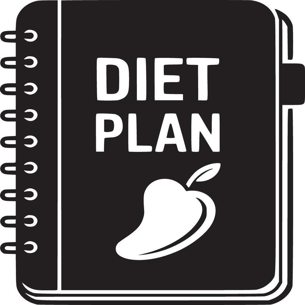 Black diet plan notebook with white text and mango illustration on a white background image vector