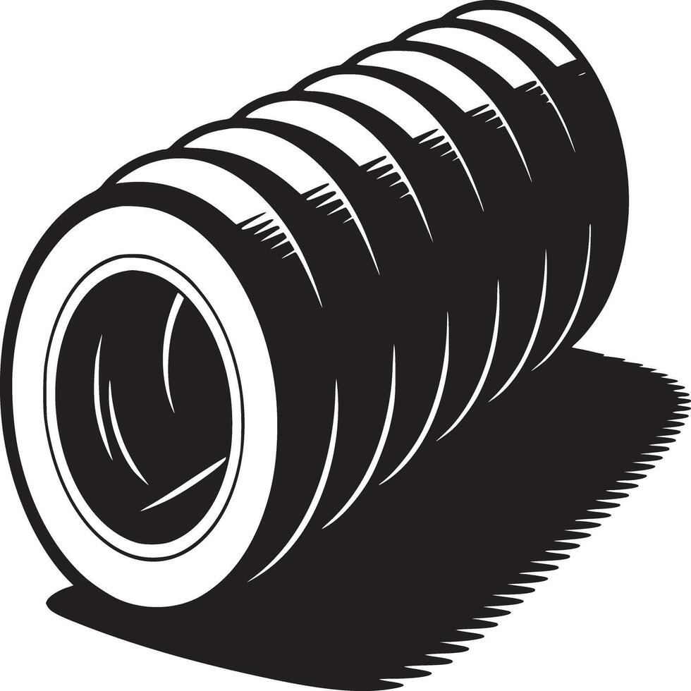 A monochrome illustration of a row of tires stacked together with a shadow on a white background vector