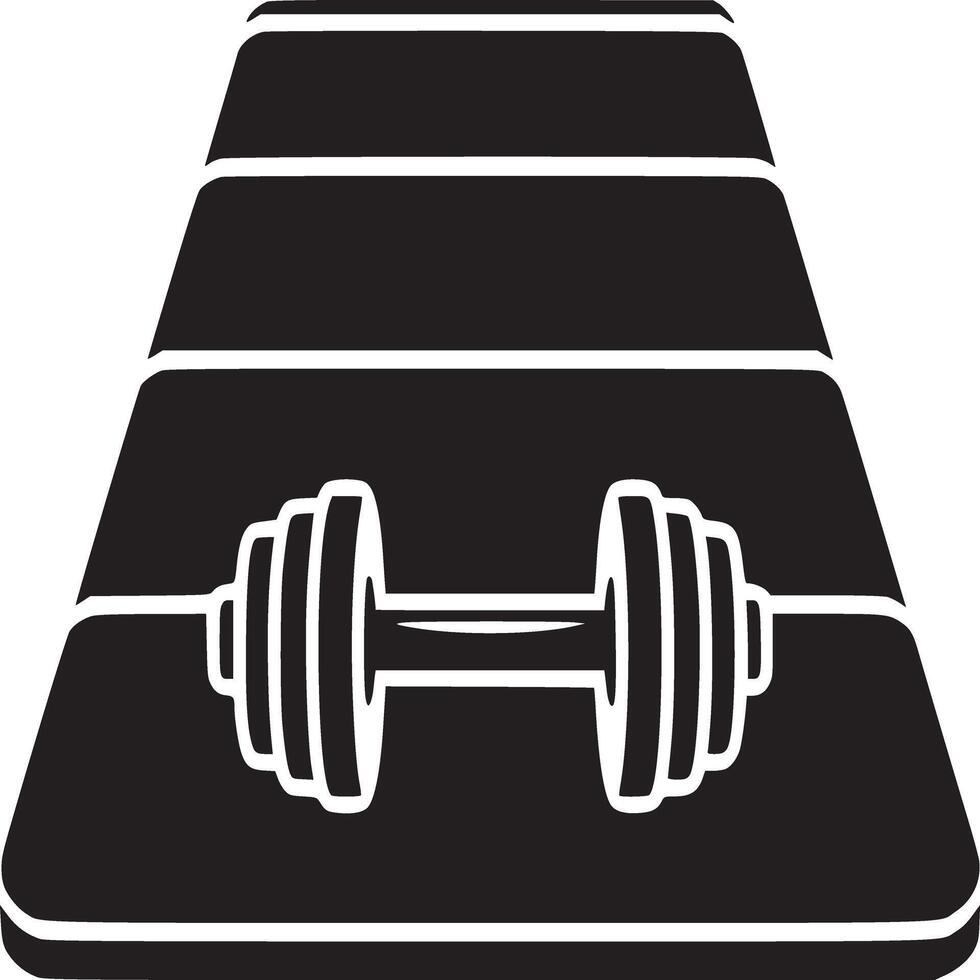 A black and white graphic of a dumbbell resting on a layered platform in a minimalist style image vector