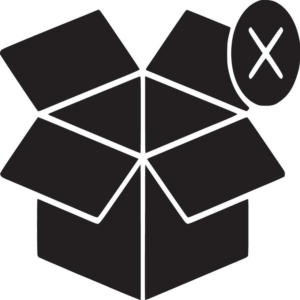 Black silhouette of open cardboard box with a large x symbol on a white background simple design vector