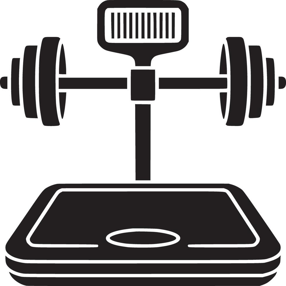A black and white illustration of a scale with a barbell on top of it in a simple style vector