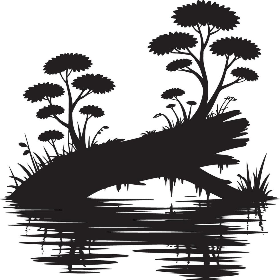 Silhouette of trees and grass growing on a fallen log reflected in water on a white background vector