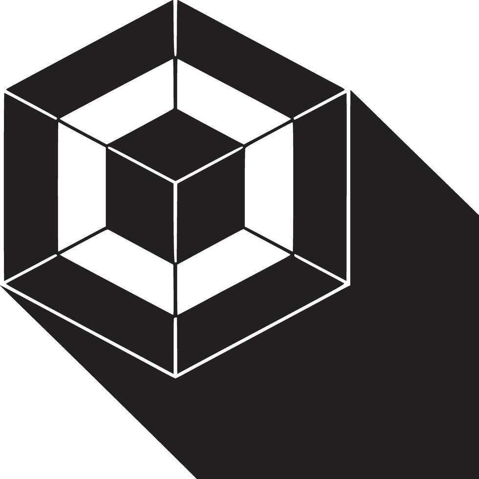 A black and white illustration of a geometric cube design with a shadow on a white background vector