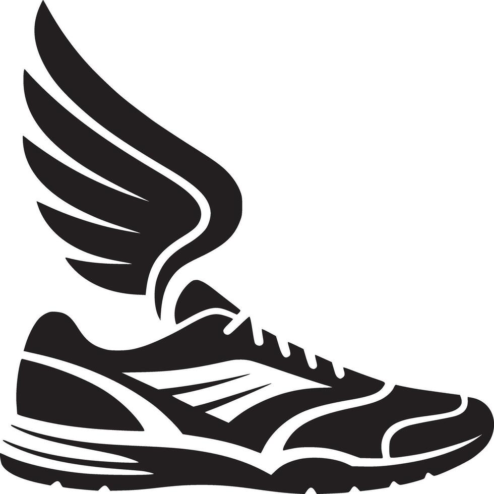 A black and white graphic of a running shoe with a wing attached to the side of the shoe design vector
