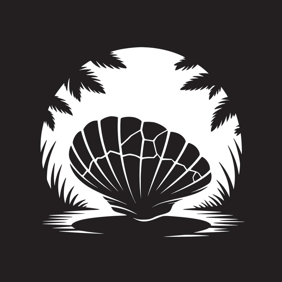 A black and white illustration of a seashell with palm trees in the background in a circular frame vector