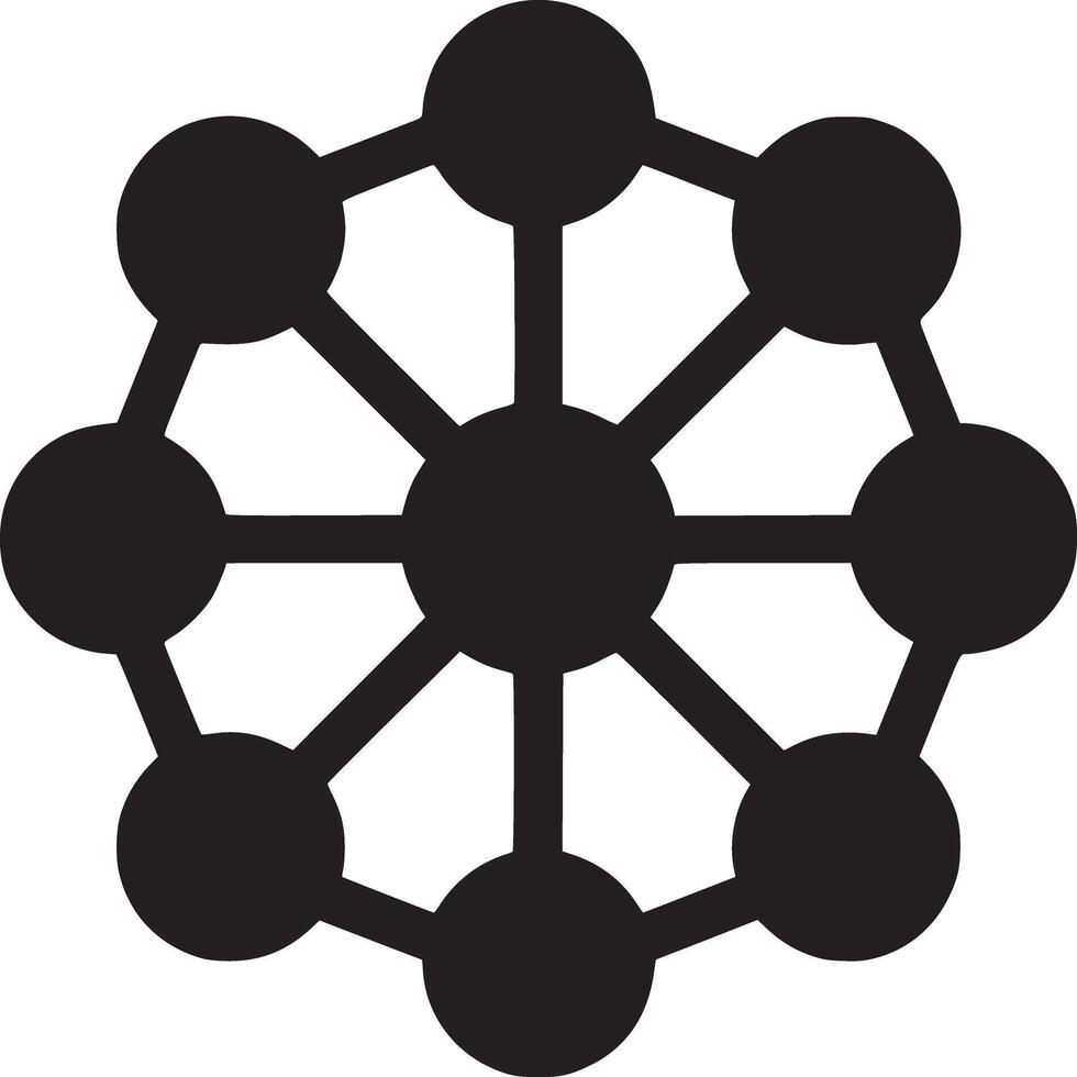 A symmetrical diagram with a central circle connected to eight outer circles by straight lines vector