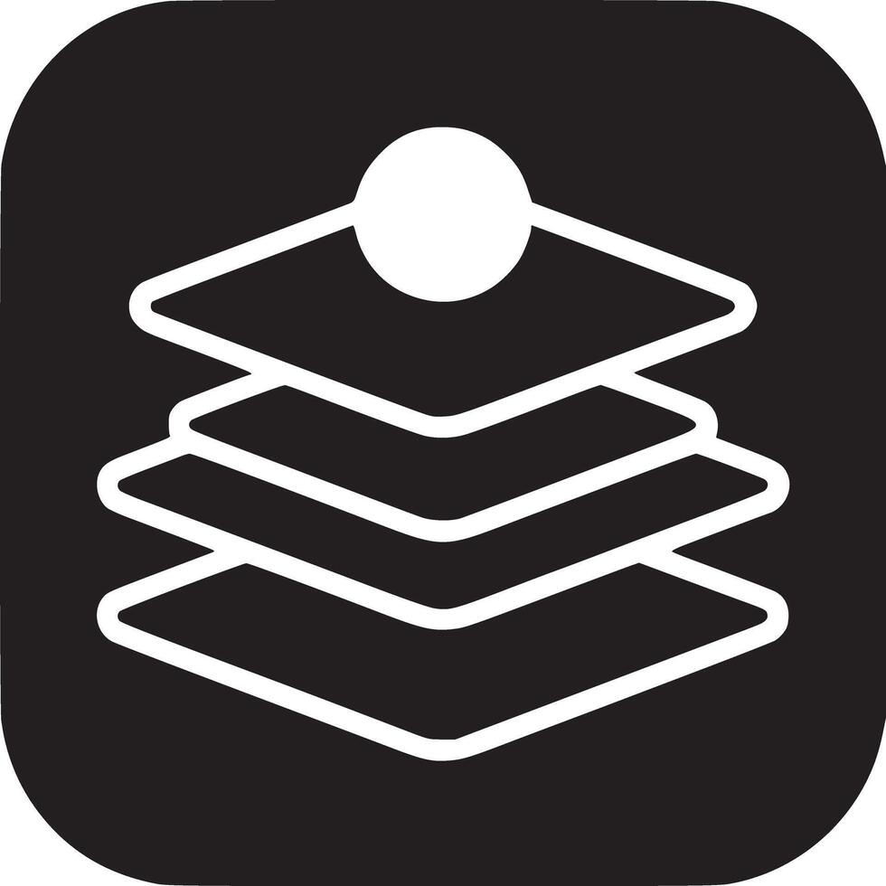 A black square containing a white layered icon with a circle on top on a white background vector
