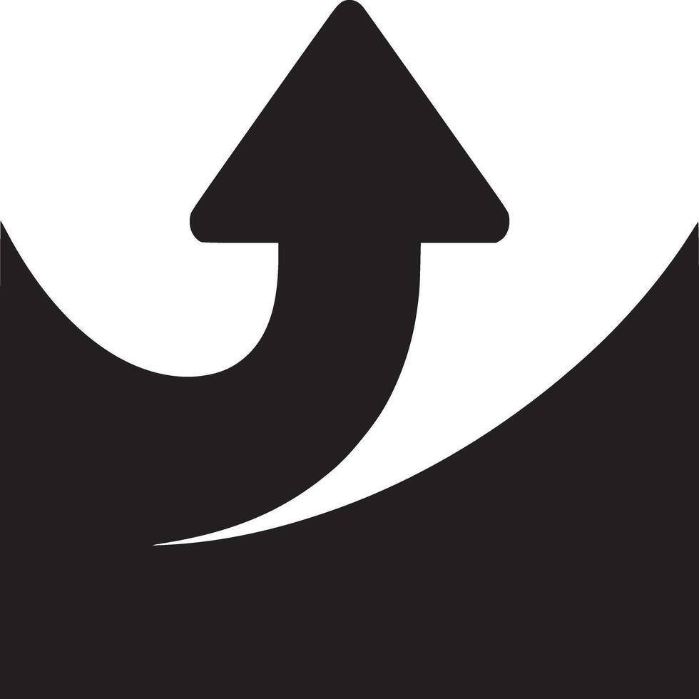 Black arrow curving upward against a white background creating a sense of forward movement and growth vector