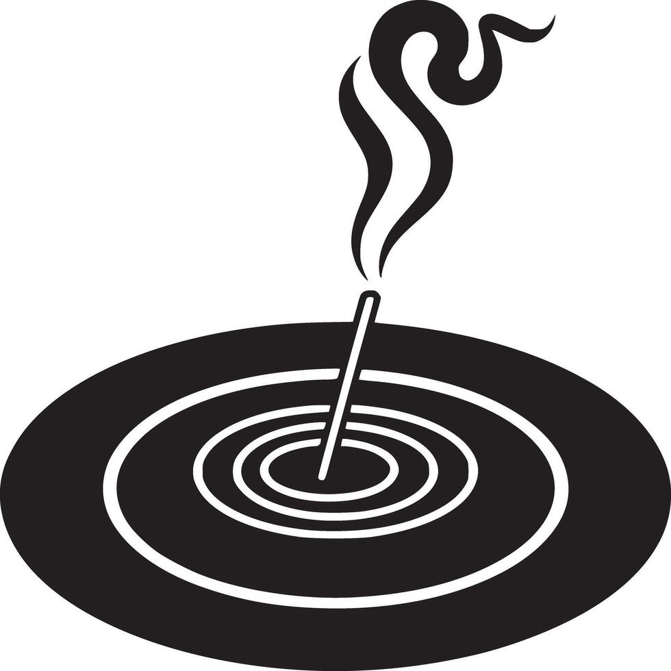 Graphic black and white image of incense stick burning above a concentric circle design element vector