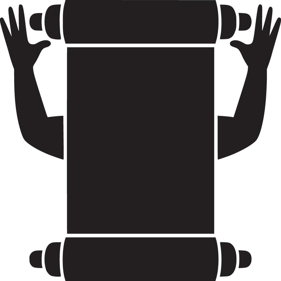 Black silhouette of hands holding a scroll with a white background in a simple graphic style vector