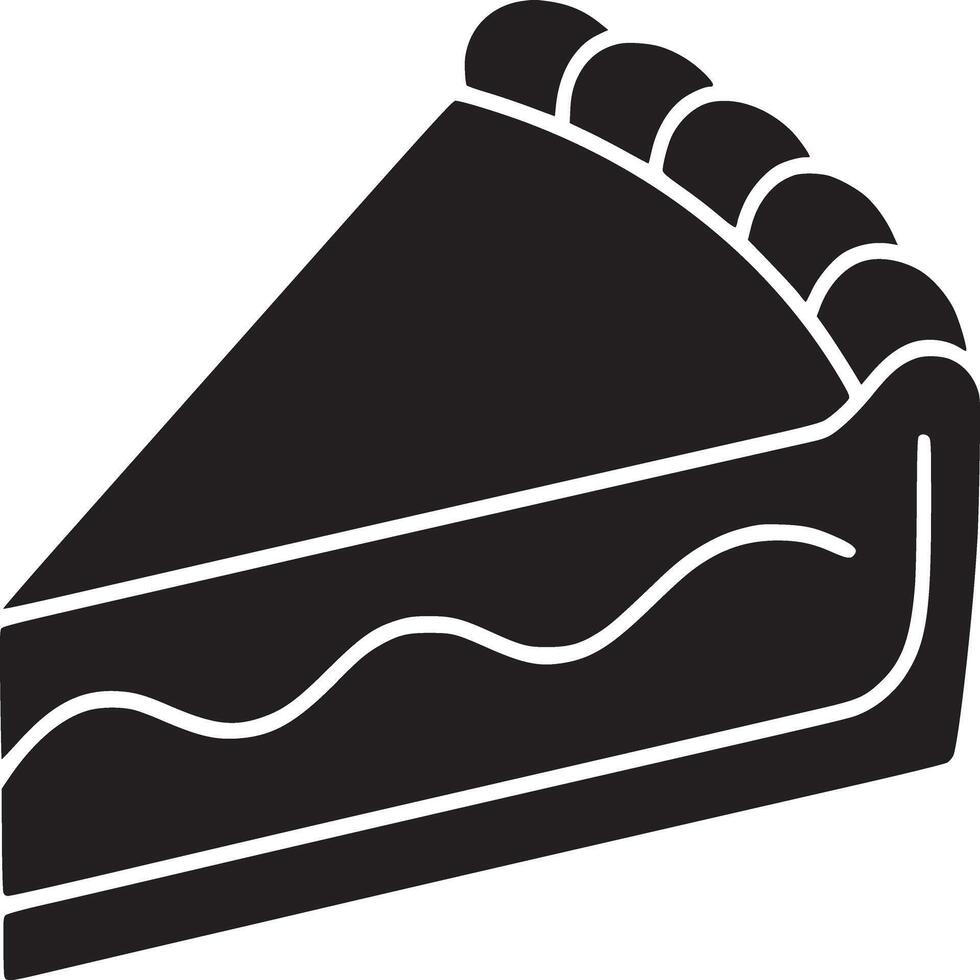A black silhouette of a slice of pie with a crust and filling on a plain white background design vector