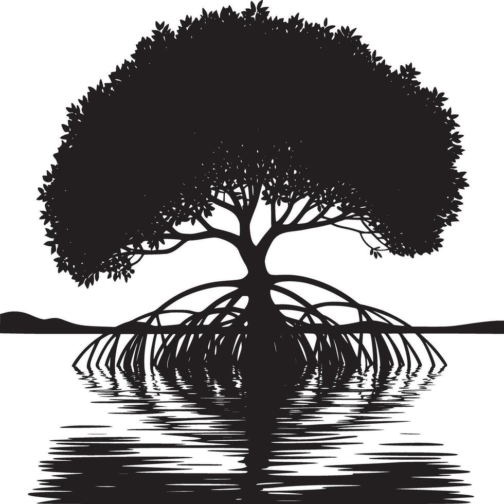 Silhouette of a mangrove tree with roots extending into the water creating a mirrored reflection vector