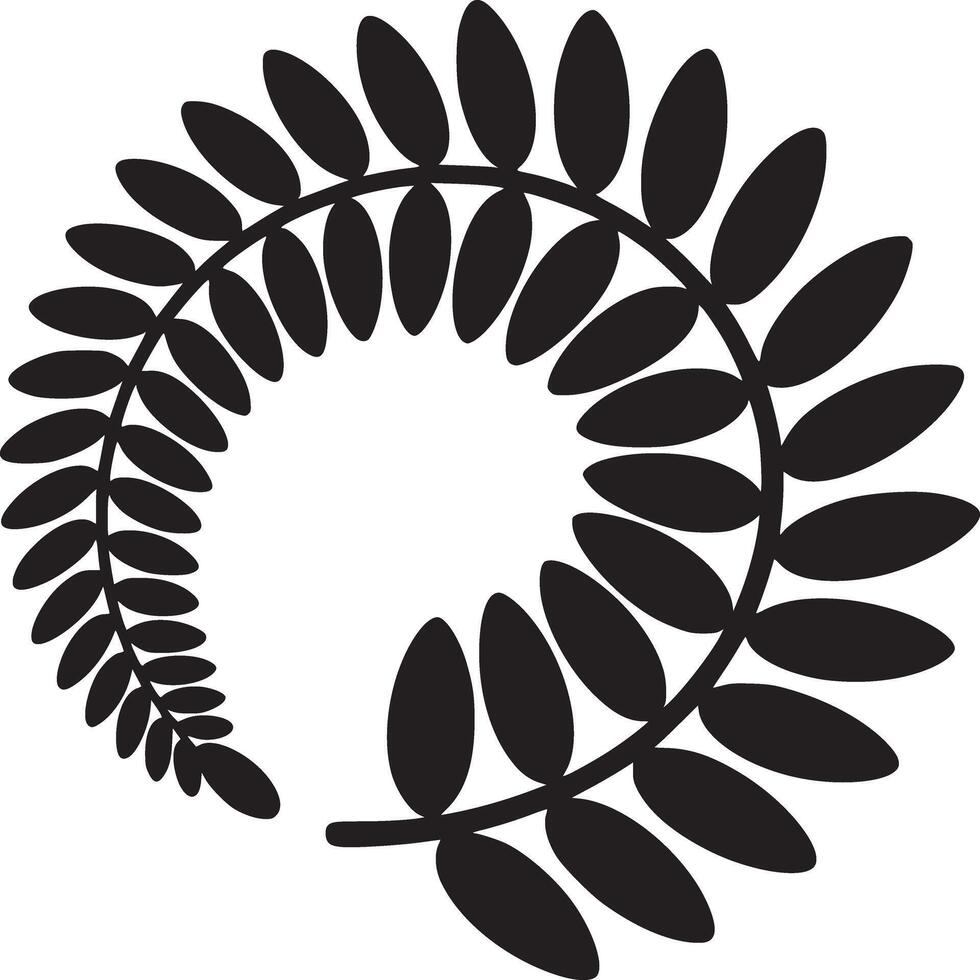 A simple black and white graphic of a curved branch with leaf shapes in a circular arrangement design vector