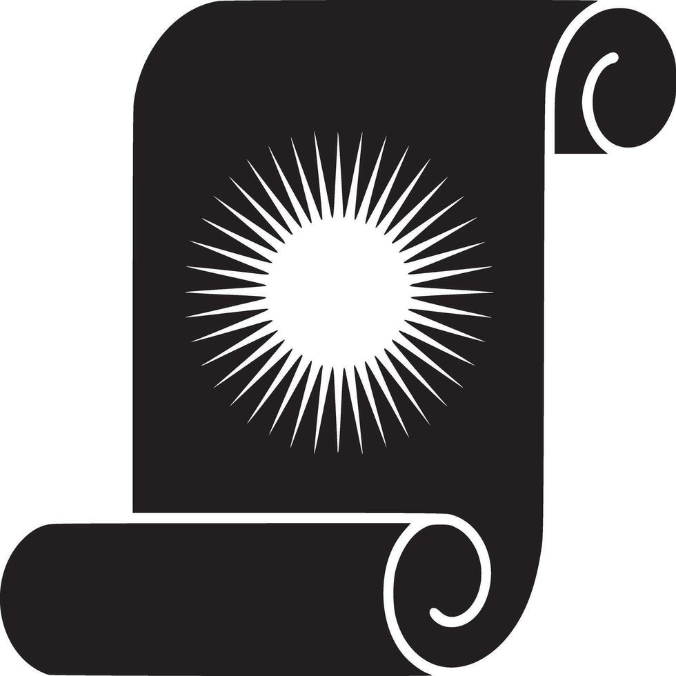 Black and white image of a scroll with a radiating sun design on it against a white background vector